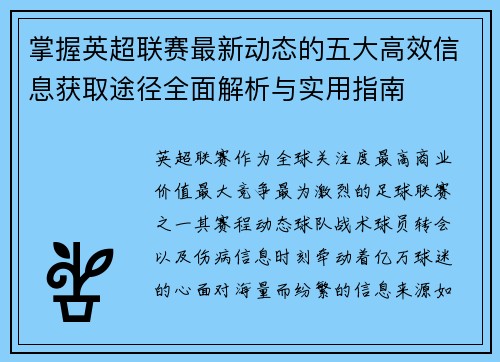 掌握英超联赛最新动态的五大高效信息获取途径全面解析与实用指南
